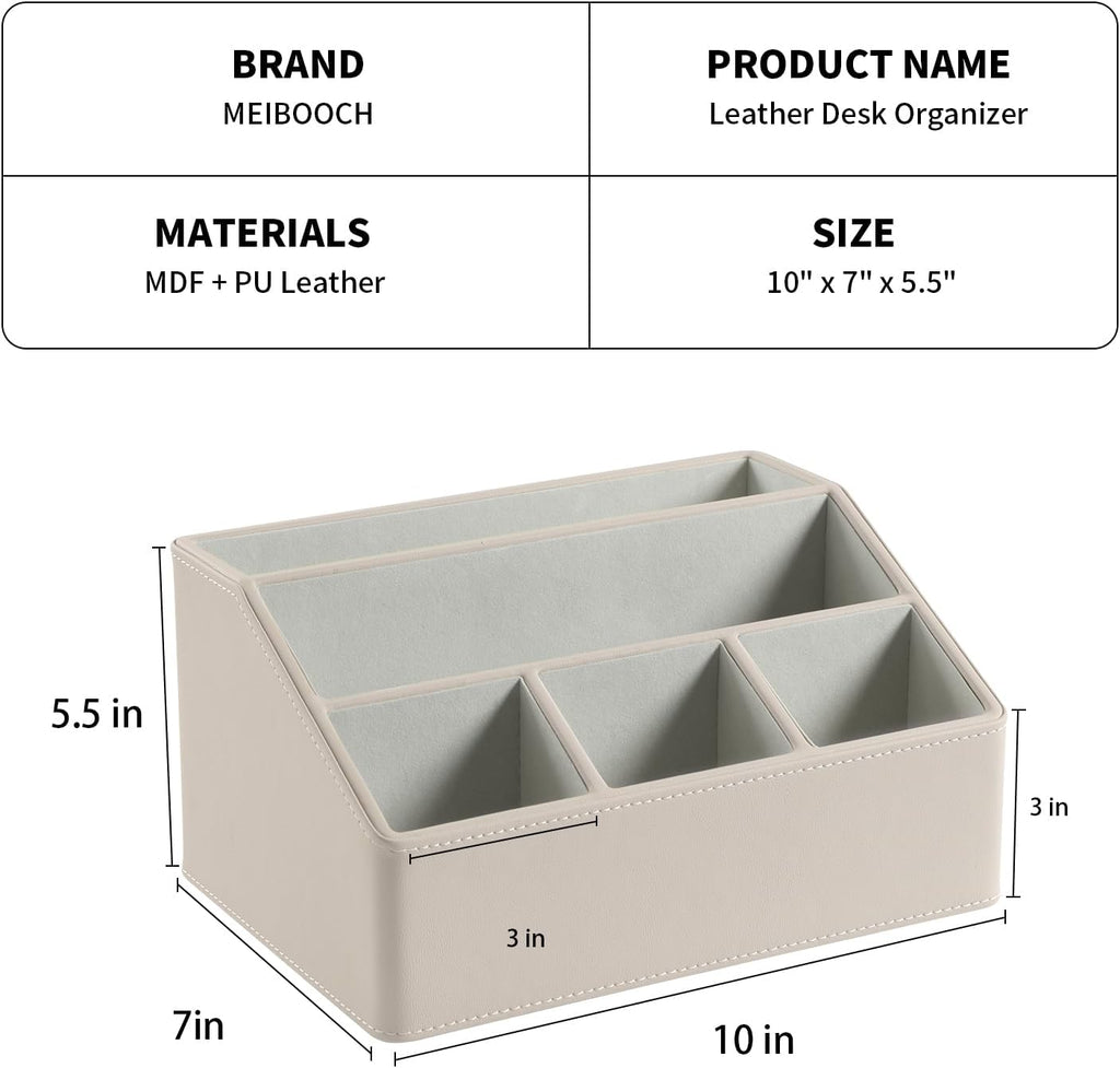 PU Leather Desk Organizer, Luxury Remote Control Holder for Home, Office Desk Accessories Table Caddy Bedside Nightstand Organizer (Dark Beige)