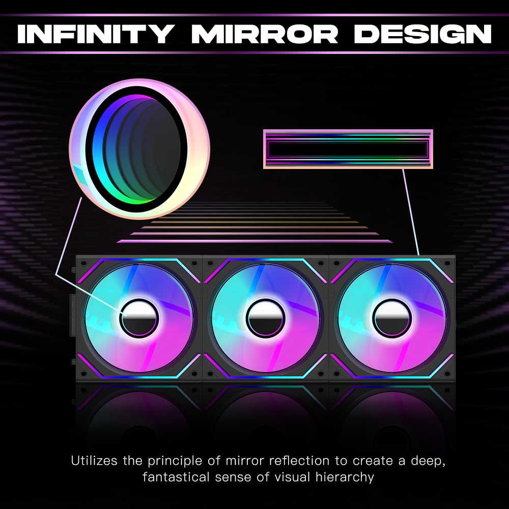 Jungle Leopard Interstellar V2 120mm Case Fan Infinity Mirror Module Daisy-Chain ARGB Fan Triple Pack with Controller Suitable for Computer Case & 360mm AIO Cooler(Black-3pack)
