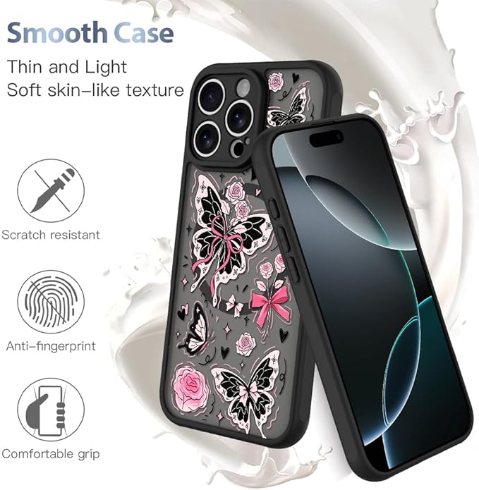 AIGOMARA Case for iPhone 16 Pro [Compatible with MagSafe] Cute Butterfly Pink Flower Floral Pattern Soft TPU Bumper Hard PC Back Anti-Fall Shockproof Protective Slim Magnetic Cover for Women Girls