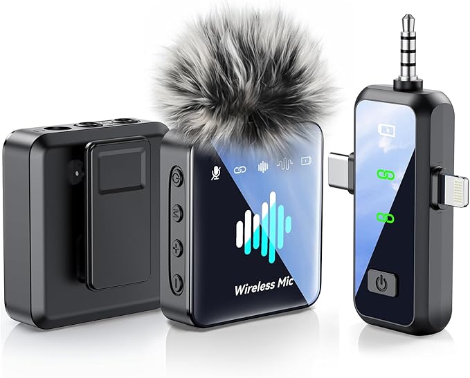 3-in-1 Microphone for iPhone: Wireless Lavalier Microphone for Camera & Android - Mini Mic - 328ft Transmission & 20H Battery Life - Vlogging with AI Noise Reduction