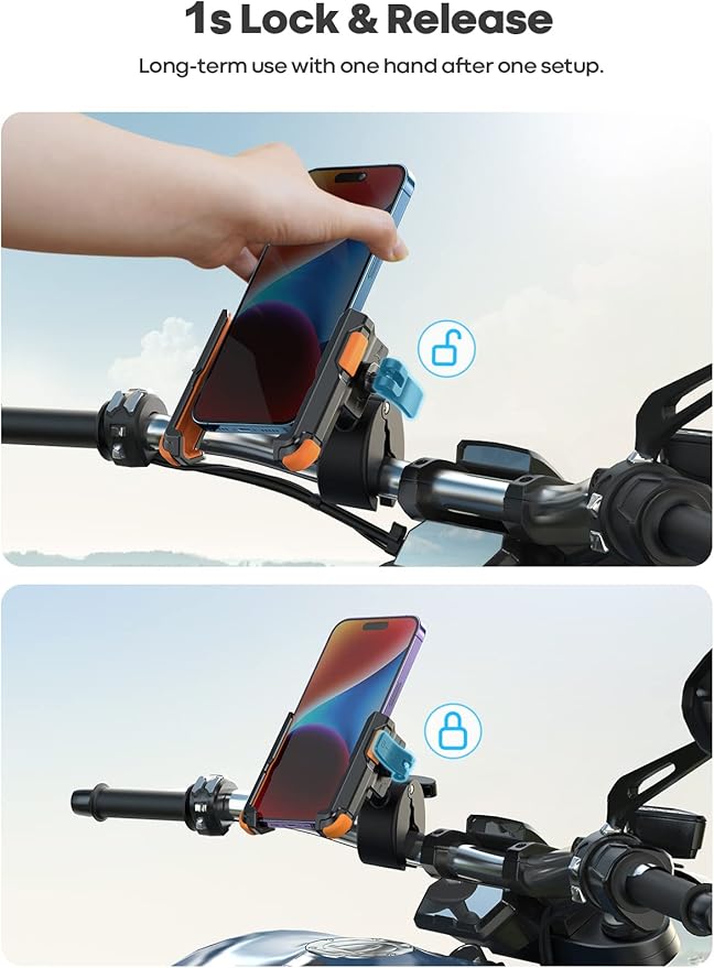 Lamicall Motorcycle Phone Mount Holder - [Camera Friendly] [1s Lock] Bike Phone Holder Handlebar Clamp, Bicycle Scooter Phone Clip, for iPhone 16 Pro Max, 15 14 13, Galaxy, 4.7-7" Phones, Orange
