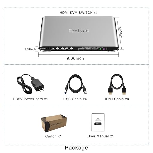 4 Computers 2 Monitors USB 3.0 HDMI KVM Switch 4K@60Hz with Hotkey Switching, Automatic Switching 4 Port Dual Monitor, Aluminum, Digital Display, USB 3.0 Audio/Mic, EDID, HDR10 with Cables