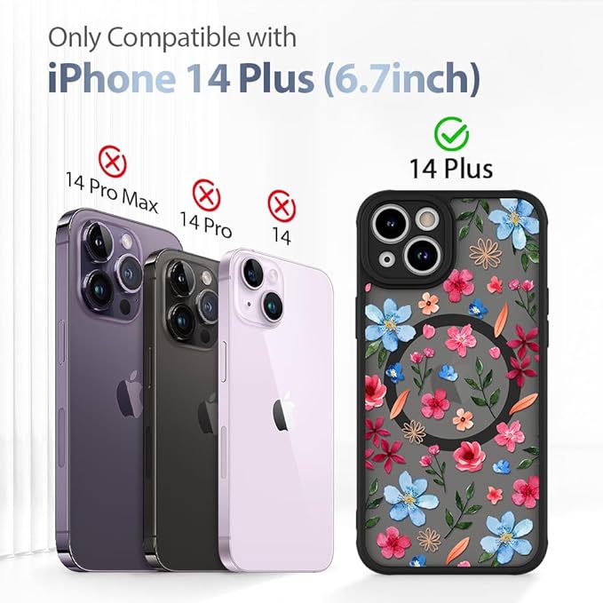 AIGOMARA Magnetic Case for iPhone 14 Plus [Compatible with MagSafe] Cute Pink Blue Flower Floral Pattern Soft TPU Bumper Hard PC Back Anti-Fall Shockproof Protective Slim Cover for Women Girls