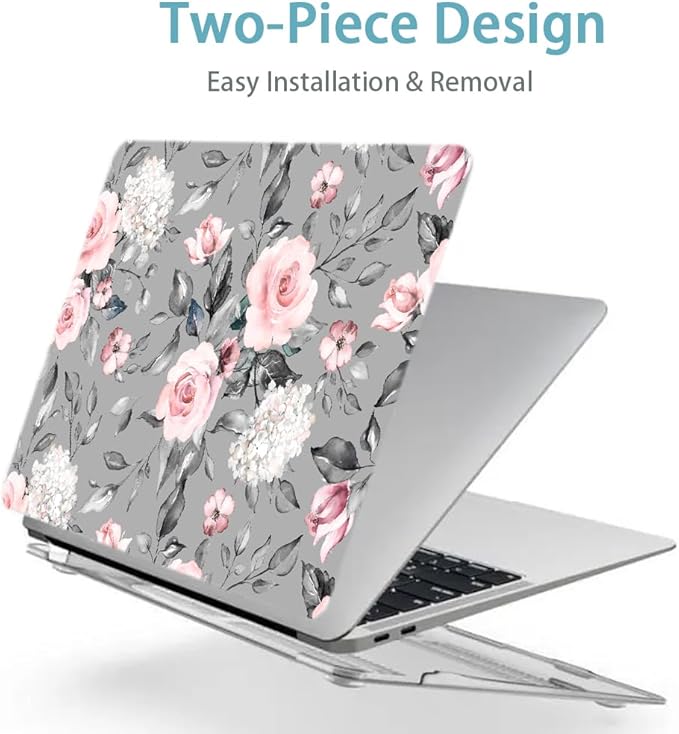 LanBaiLan Compatible for MacBook Pro 13 inch with Touch Bar 2022 2021 2020 2019 2018 2017 2016 Release M1 M2 A2338 A2289 A2251 A2159 A1989 A1706 A1708 Protective Case & Keyboard Cover, Grey Flowers