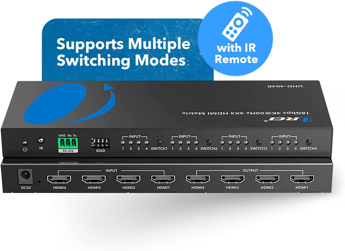 OREI 4x4 4K HDMI Matrix Switcher Splitter, (4-Input, 4-Output) Switch with Remote Control Auto Downscale 4K to 1080p, HDR10 Support (UHD-404R)