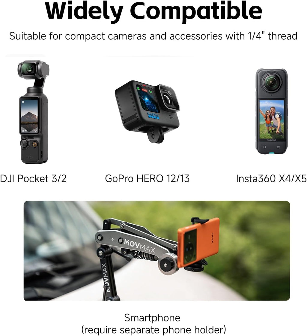 MOVMAX Blade Arm Solar Powered Electronic Suction Kit, Shock Absorber Arm Car Mount for DJI Pocket 3, GoPro Hero 13, 360 Action Cameras with Auto Pressure Detection & LCD Display, Pocket 3 Accessories