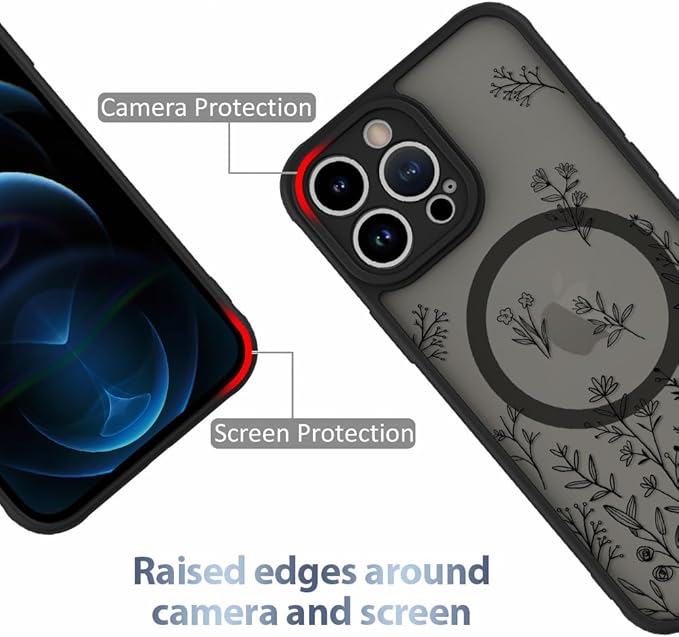 AIGOMARA Magnetic Case for iPhone 12 Pro Max [Compatible with MagSafe] Cute Black Flower Floral for Women Girls Soft TPU Bumper Hard PC Back Anti-Fall Shockproof Protective Slim Cover