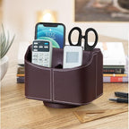 Fanousy 360° Rotating Remote Control Holder, PU Leather TV Remote Caddy Organizer Basket Storage Box with 5 Compartments for Pen, Pencil, Art Supplies, Makeup Brush, Office Desk Table Accessories