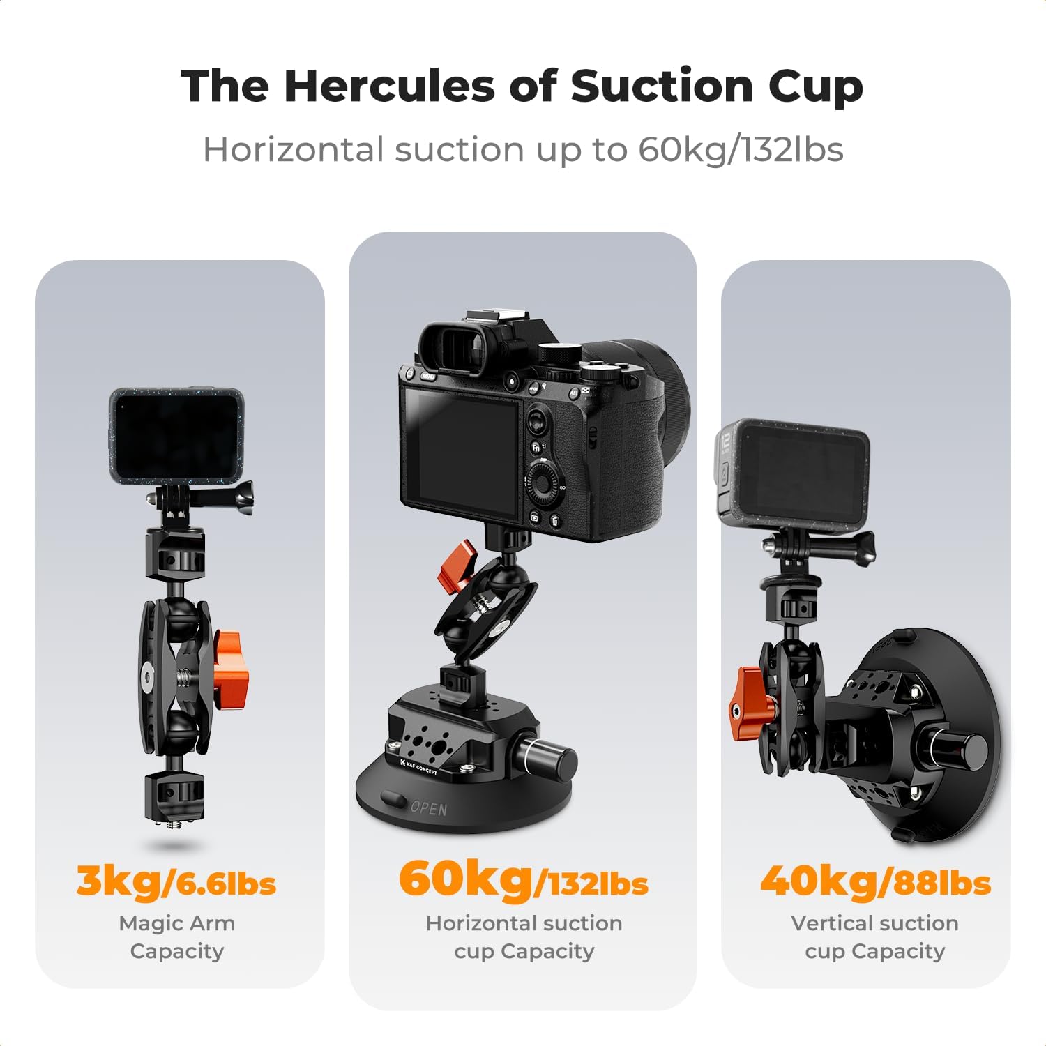 K&F CONCEPT 4.5" Suction Cup Camera Mount with Magic Arm, ARRI Style 1/4" 3/8" Threads, Quick Release Car Mount Compatible with Gopro DJI Insta360 for DSLR Action Camera Phone Video Shooting