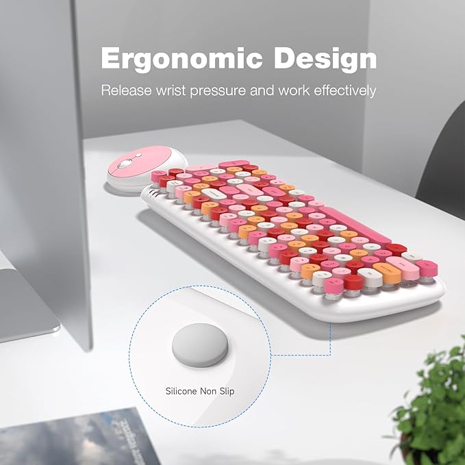 KNOWSQT Wireless Keyboard and Mouse Combo, White Mixed 100 Keys 2.4 GHz Round Keycap Typewriter Keyboards, USB Receiver Plug and Play, for Windows, PC, Laptop, Computer, Desktop