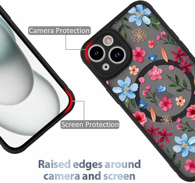 AIGOMARA Magnetic Case for iPhone 15 Plus [Compatible with MagSafe] Cute Pink Blue Flower Floral Pattern Soft TPU Bumper Hard PC Back Anti-Fall Shockproof Protective Slim Cover for Women Girls