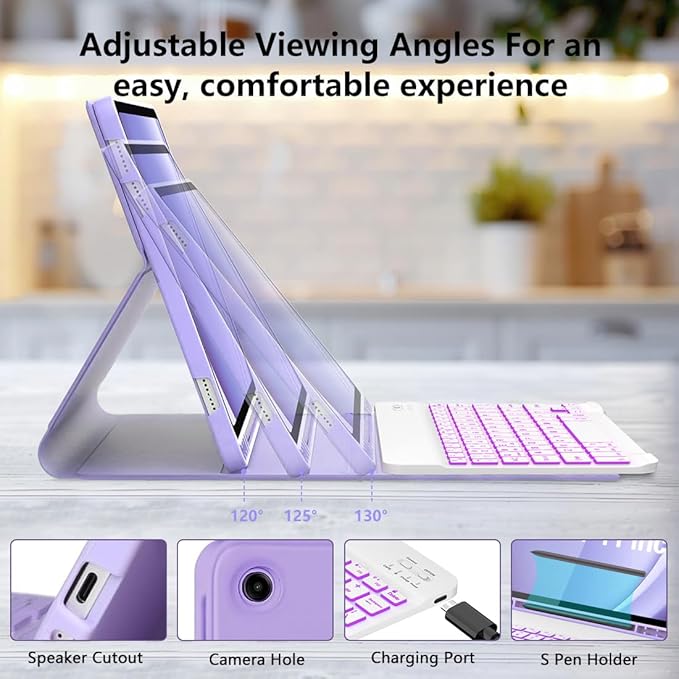 Keyboard Case for Samsung Galaxy Tab A9 Plus 5G 11 inch 2023 (SM-X210/X216/X218), 7 Color Backlit Detachable Keyboard Bluetooth, Smart Folio Cover with S Pen Holder for Galaxy Tab A9+ 11"(Purple)