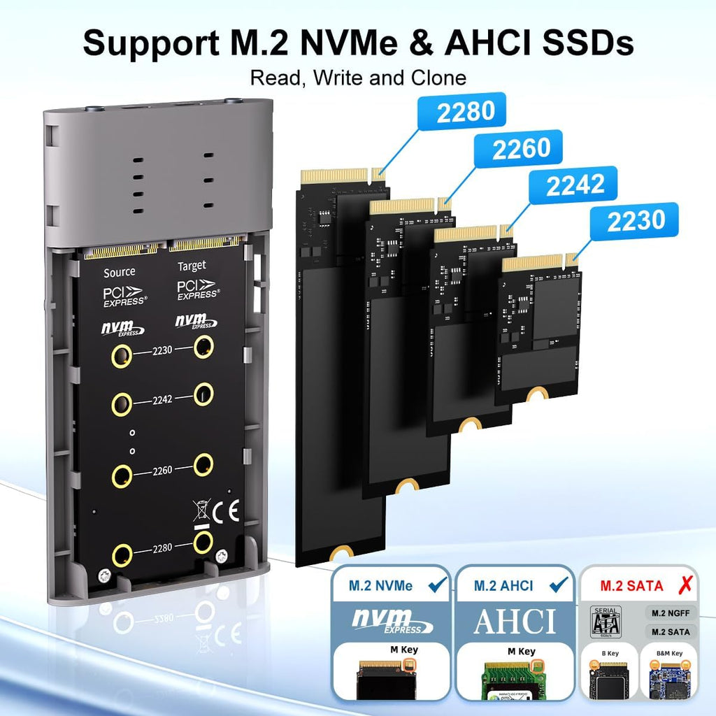 MAIWO Dual NVMe Clone SSD Enclosure, USB3.2 GEN2X2 10Gbps,Support AHCI to NVMe Clone, M.2 Duplicator Cloner for SSDs Sizes 2230/2242/2260/2280 with Indicator Light