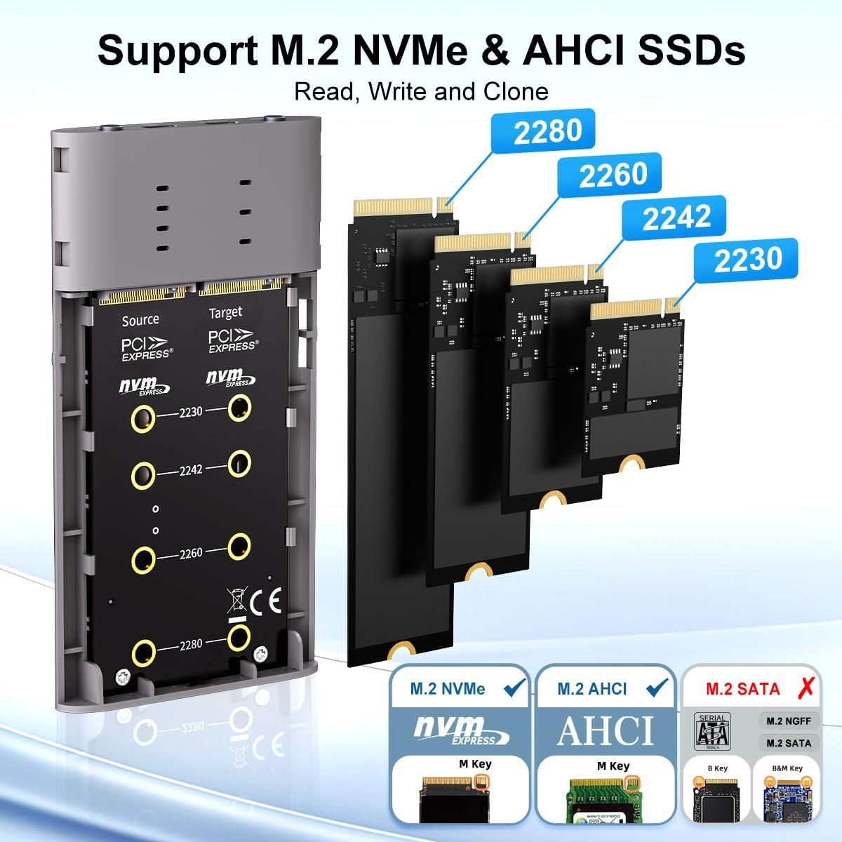 MAIWO Dual NVMe Clone SSD Enclosure, USB3.2 GEN2X2 10Gbps,Support AHCI to NVMe Clone, M.2 Duplicator Cloner for SSDs Sizes 2230/2242/2260/2280 with Indicator Light