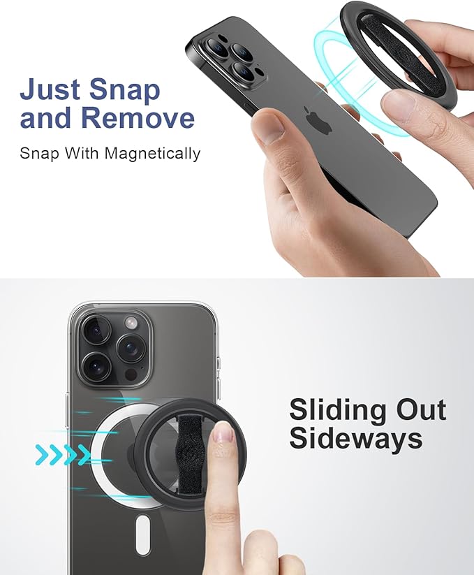 EWA MagOne Lite 3rd Gen Cell Phone Ring Holder, with Replaceable 360° Rotation Elastic Finger Strap, Phone Grip Compatible with iPhone MagSafe,15,14,13 Pro/Max/Plus-(Black)