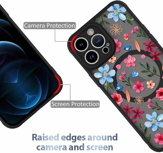 AIGOMARA Magnetic Case for iPhone 12 Pro [Compatible with MagSafe] Cute Pink Blue Flower Floral Pattern Soft TPU Bumper Hard PC Back Anti-Fall Shockproof Protective Slim Cover for Women Girls