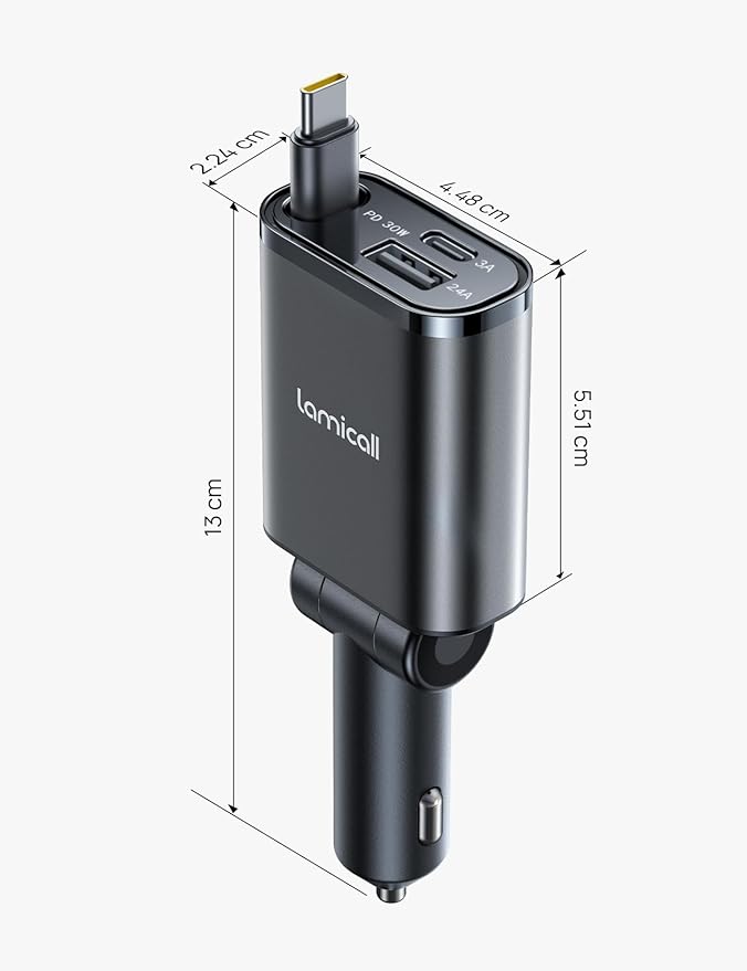 Lamicall Retractable Car Charger USB C Fast Charging 57W Type C Car Phone Charger fit iPhone 16 16e 15 Pro Max Plus Samsung Galaxy S25 S24 Ultra Pixel Android PT-47-Black