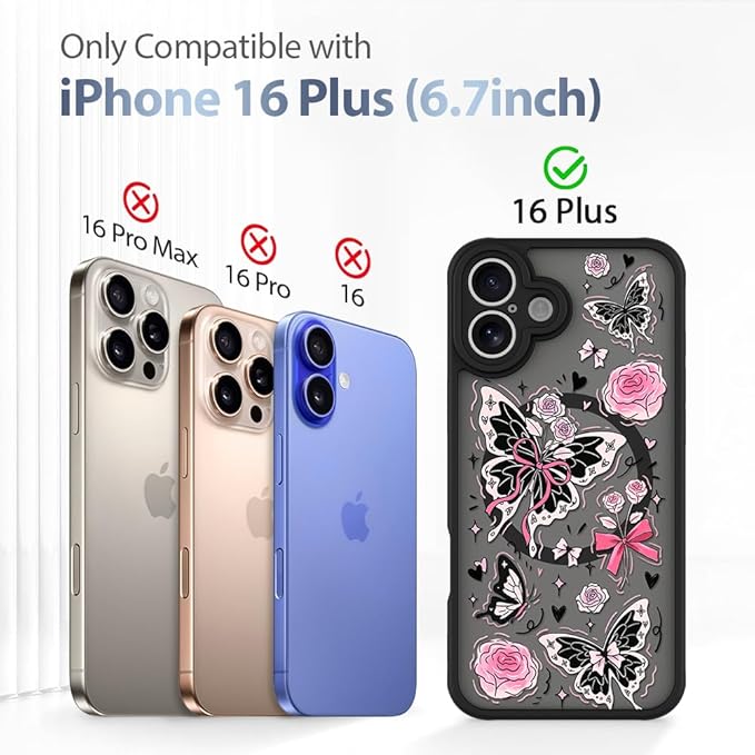 AIGOMARA Case for iPhone 16 Plus [Compatible with MagSafe] Cute Butterfly Pink Flower Floral Pattern Soft TPU Bumper Hard PC Back Anti-Fall Shockproof Protective Slim Magnetic Cover for Women Girls