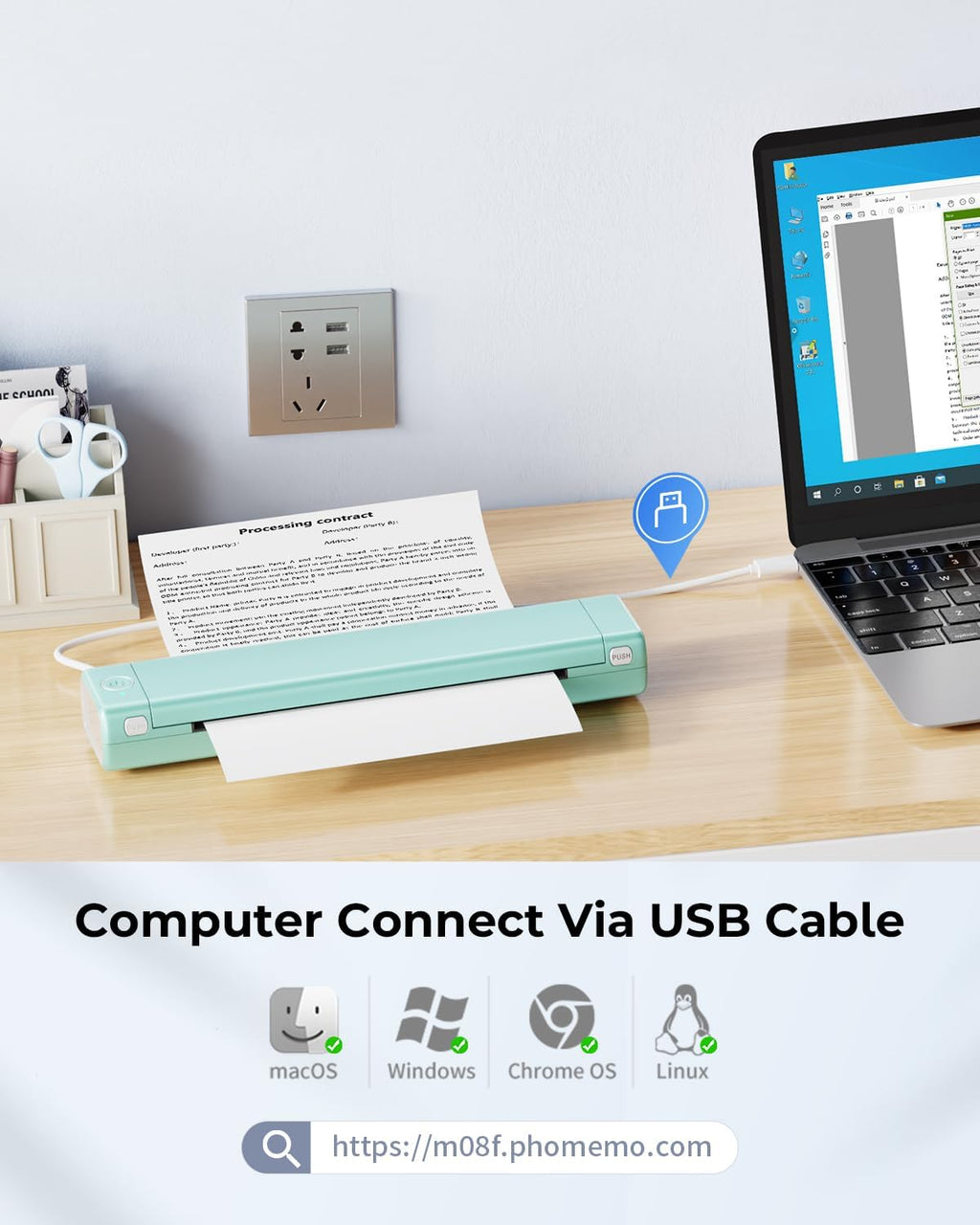 Phomemo Inkless Portable Printer for Travel - Wireless Thermal Printer Compatible with Phone & Laptop, Bluetooth Printers Supports 8.5" X 11" Letter Thermal Paper, Come with Carry Case