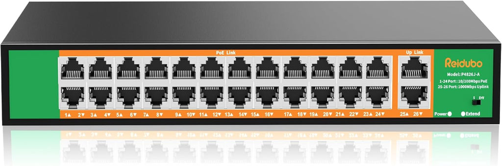 24 Port PoE Switch with 2 Gigabit Ethernet Uplink Port, Support IEEE802.3af/at, 400W High Power, Fanless, Plug and Play Unmanaged, Rackmount Ethernet Switch