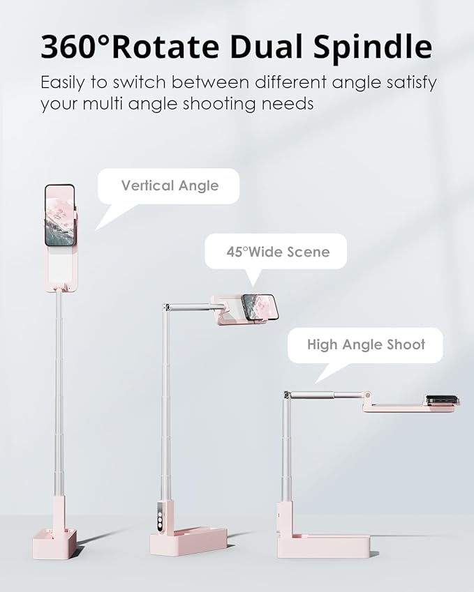 Phone Stand for Recording, Overhead Phone Mount with Light, Selfie Stand,Portable,Extendable,360° Rotate,Adjustable,Wireless Remote,Rechargeable, for 3.5-6.9" Phones, Live Streaming