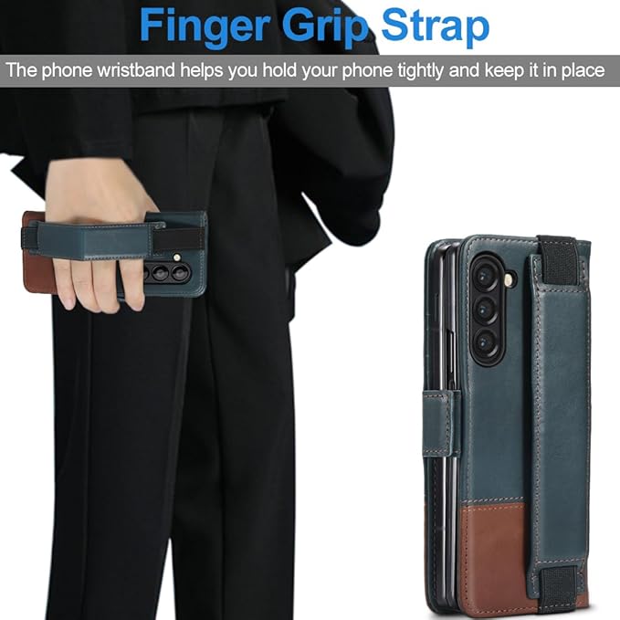 KEZiHOME for Samsung Galaxy Z Fold 6 Case, Genuine Leather Wallet Case [RFID Blocking] with Card Slots Stand Flip Protective Phone Cover Compatible with Galaxy Z Fold 6 5G (Navy Blue/Brown)