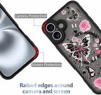 AIGOMARA Case for iPhone 16 [Compatible with MagSafe] Cute Butterfly Pink Flower Floral Pattern Soft TPU Bumper Hard PC Back Anti-Fall Shockproof Protective Slim Magnetic Cover for Women Girls