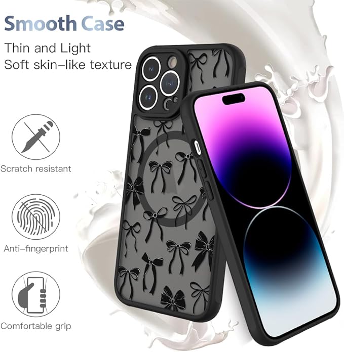 AIGOMARA Case for iPhone 15 Pro [Compatible with MagSafe] Black Ribbon Bow Pattern Design Soft TPU Bumper Hard PC Back Anti-Fall Shockproof Protective Slim Magnetic Cover for Women Girls