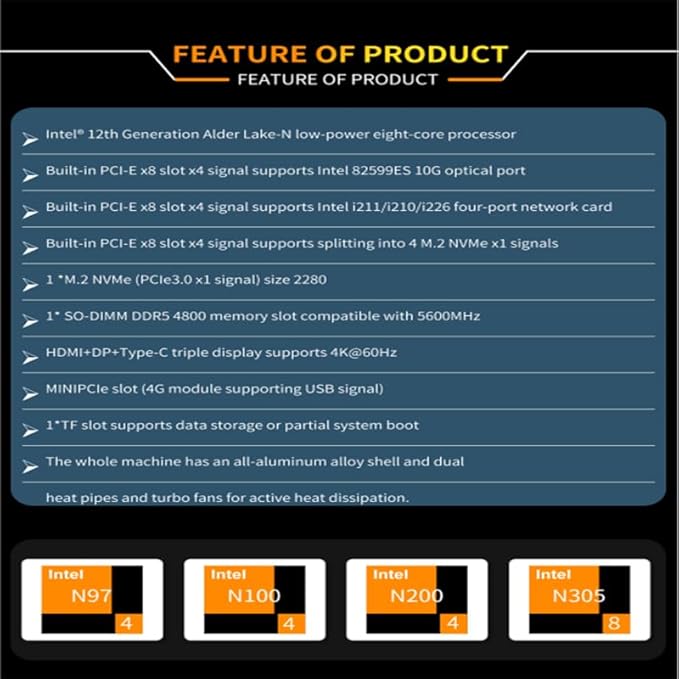 CWWK Intel Alder Lake N100(4C/4T Up to 3.4GHz)/N305(8C/8T Up to 3.8GHz) Dual SFP+10GbE Mini PC|4xIntel I226-V 2.5GbE |DDR5 Memory|PCI-E x4|HDMI+DP+Type-C (10 Gigabit N100, 16G RAM 256G SSD)