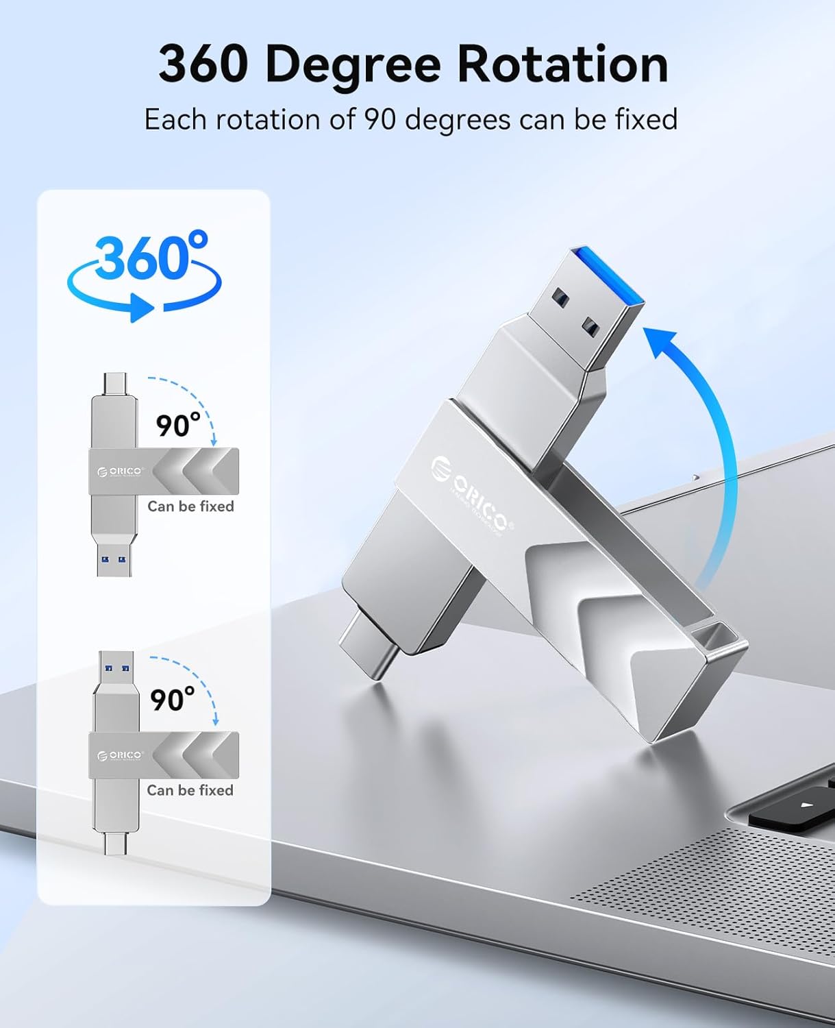 ORICO 1TB Portable Solid State Drive, 1050MB/s Dual-Port Rotating Metal External SSD with 90° Click-Stop, Reliable Storage for iPhone 16, 15 Series, Type-C Smartphone, Mac, Audio, Vehicle - A101