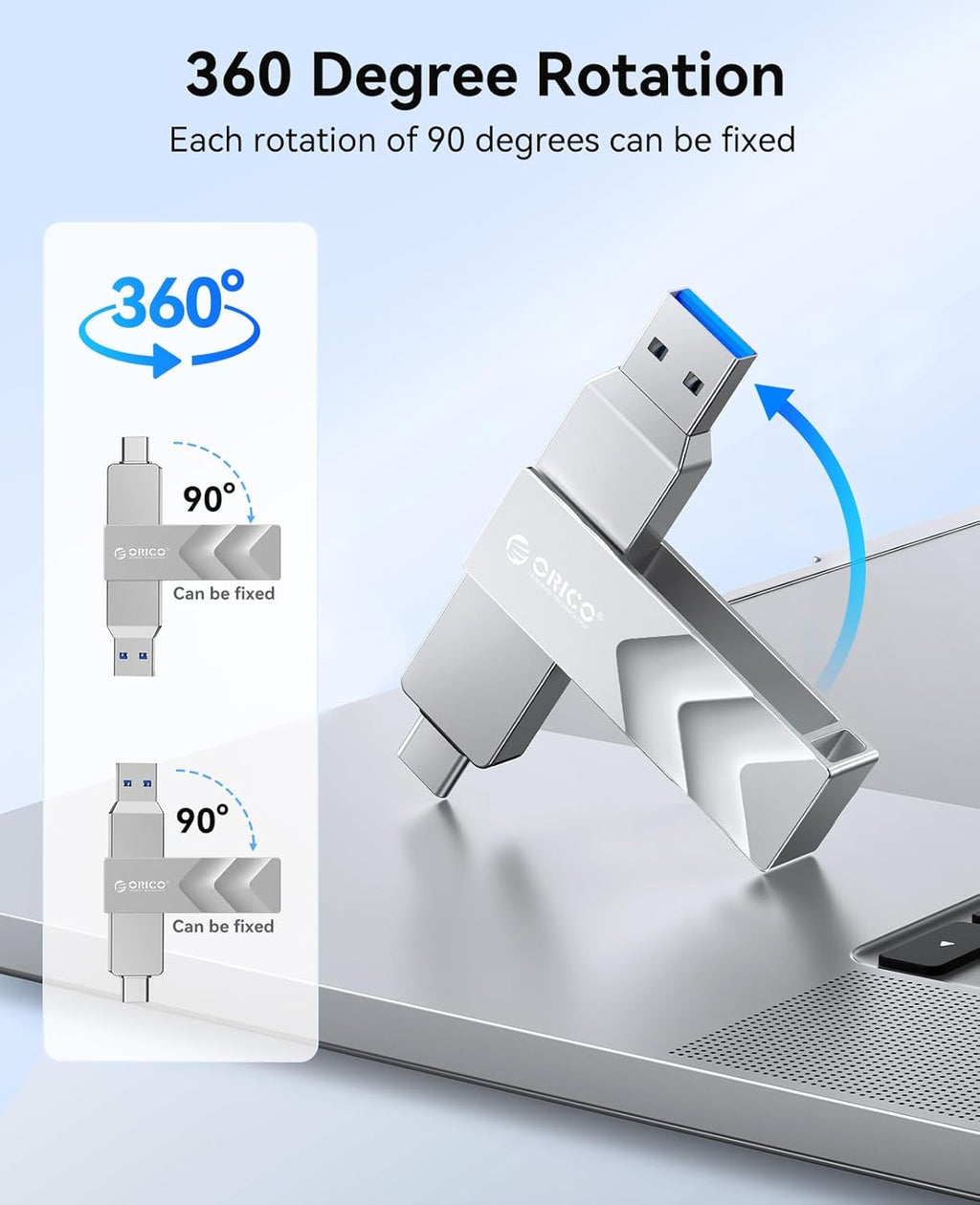 ORICO 512GB Portable Solid State Drive, 1050MB/s Dual-Port Rotating Metal External SSD with 90° Click-Stop, Reliable Storage for iPhone 16, 15 Series, Type-C Smartphone, Mac, Audio, Vehicle - A101