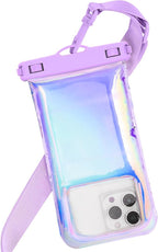 1 Pack Iridescent Waterproof Phone Pouch Compatible with iPhone 12/13/14/15/16 Pro Max, Beach Essentials IP68 Waterproof Dry Bag with Crossbody Lanyard, Purple - 7″