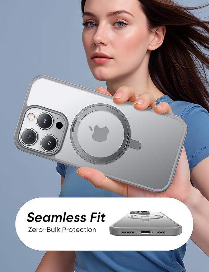 MAGIC JOHN 360° Rotatable Magnetic Invisible Stand for iPhone 15 Pro Max Case [Anti-Slip Grip] [Compatible with MagSafe] 16FT Shockproof for iPhone 15 Pro Max Case with Kickstand, Gray