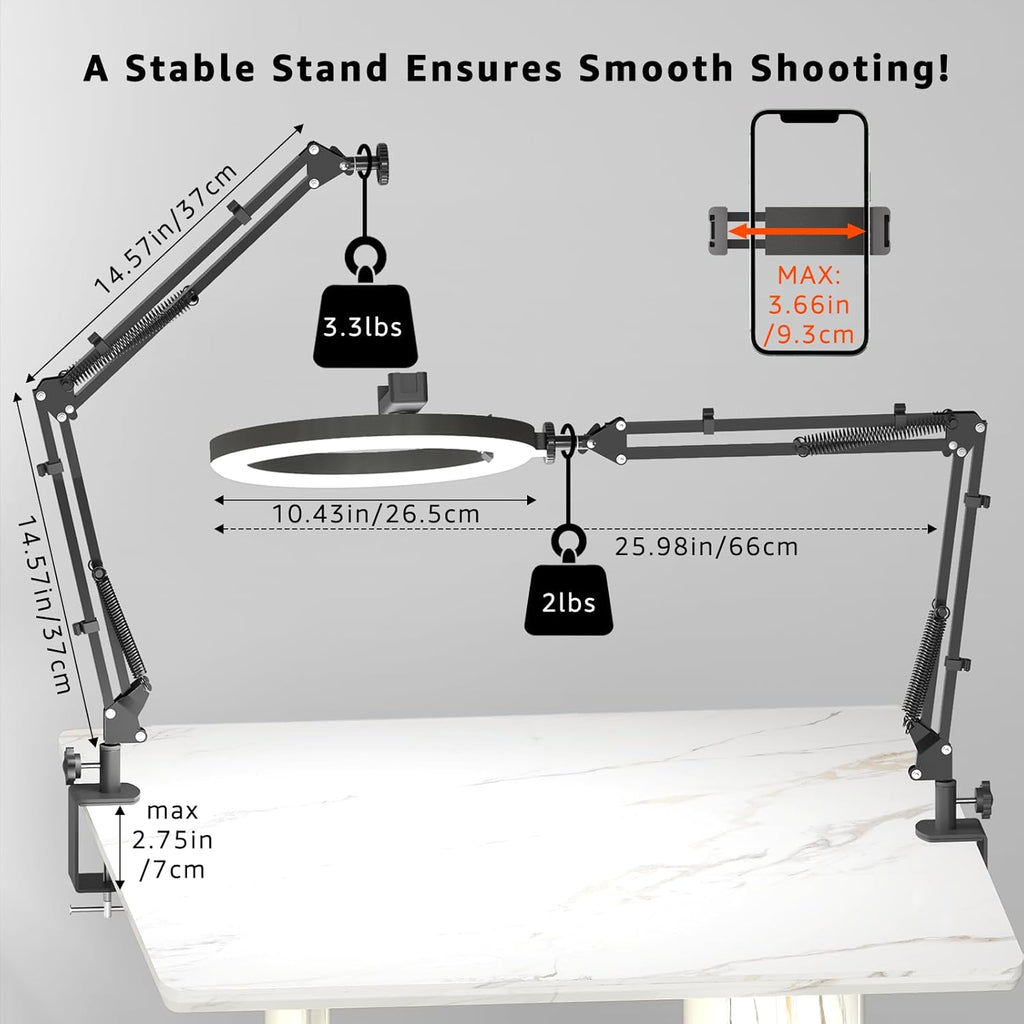 10" LED Ring Light with Overhead Phone Stand, CRI≥95 1200lm Dimmable Lighting, Adjustable Metal Arm with Remote & Phone Holder, for Streaming, Makeup, Zoom Calls, Photography