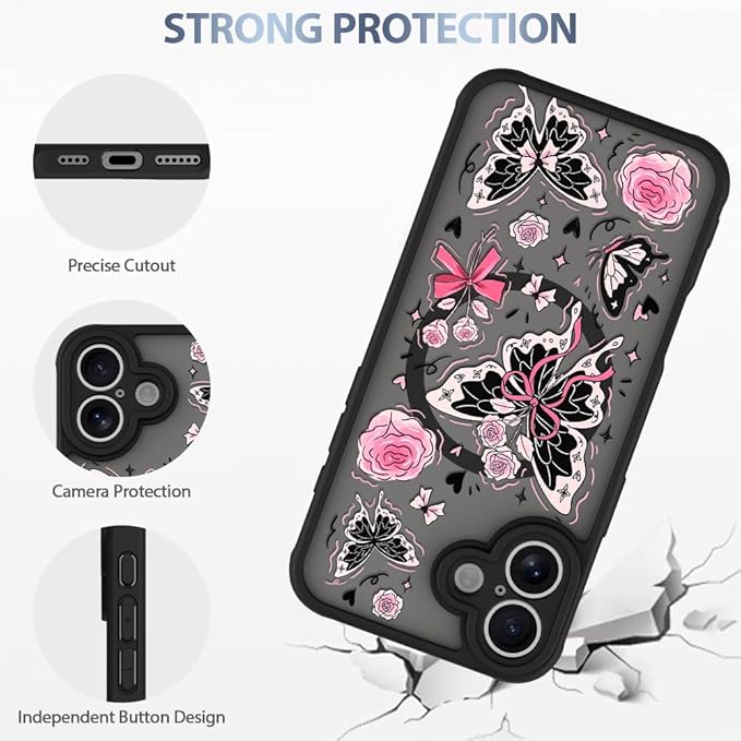 AIGOMARA Case for iPhone 16 [Compatible with MagSafe] Cute Butterfly Pink Flower Floral Pattern Soft TPU Bumper Hard PC Back Anti-Fall Shockproof Protective Slim Magnetic Cover for Women Girls