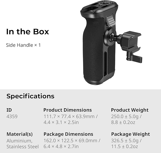 SmallRig Push-Button Rotating NATO Side Handle for Left and Right Hand, 360° Rotatable Side Handle with Anti-Slip Silicone, Camera Grip with Built-in Threaded holes, Wrist Strap Hole, Cold Shoe - 4359