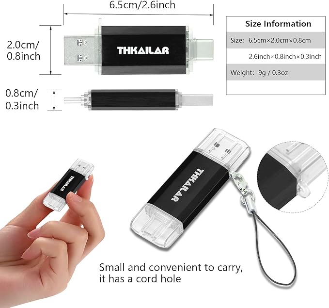 Thkailar USB C Flash Drive 256GB-USB Flash Drive with Type C and Type A 3.1 Port Compatible with Android Phone/PC/Mac Pro-Transfer Data(Black)