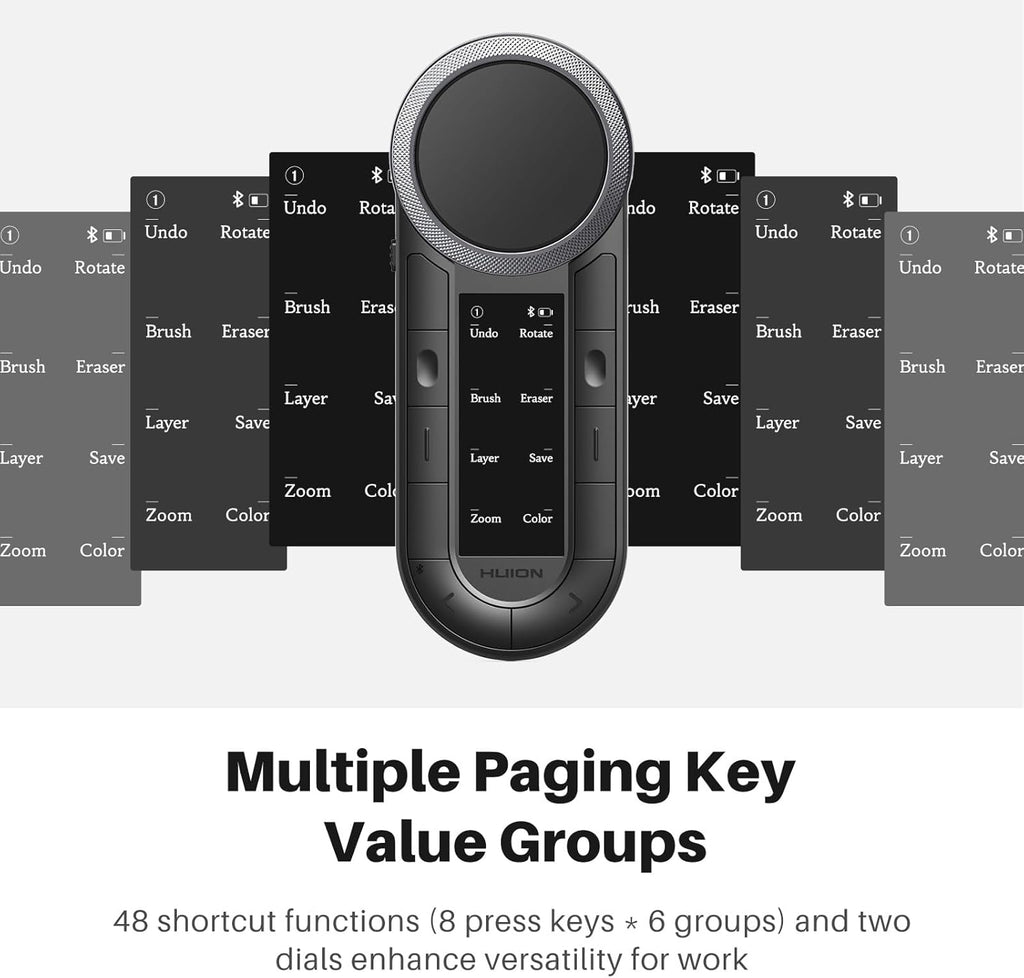 HUION Keydial Remote Bluetooth Programmable Keypad with Dual Dials 60 Customized Keys, OLED Display Macro Keypad Work with PC, Mac, Mobile, One-Hand Shortcut Keyboard for Drawing Tablet, Laptops