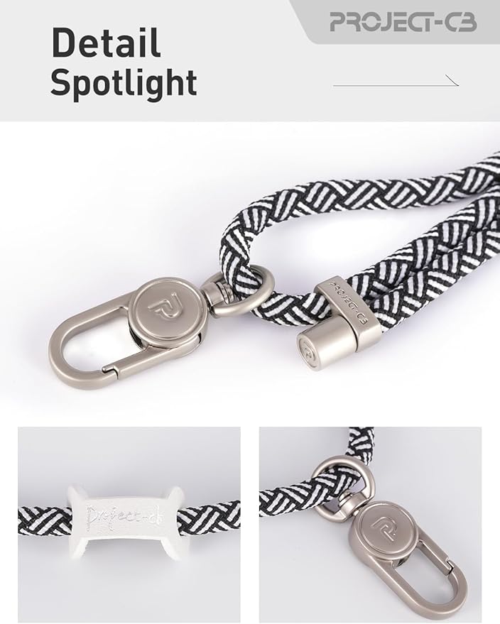 project-cb Cell Phone Lanyard 1,Phone Tether Tab 2,Crossbody Strap,Lanyards for Around the Neck,Adjustable Strap 80-160cm (White-Black-S)