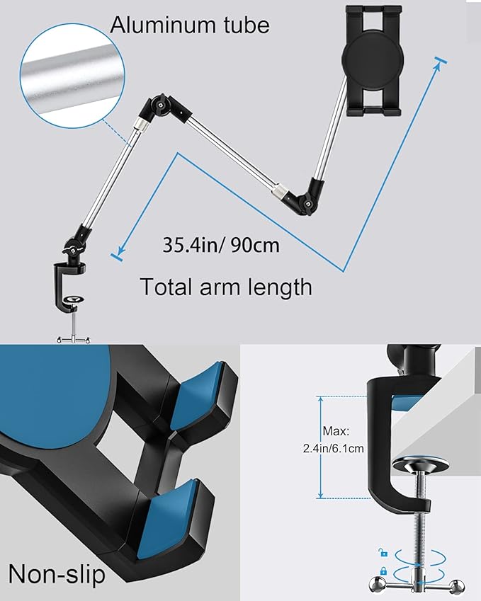 woleyi Adjustable Tablet Mount Holder, 35" Desk/Bed Clamp Phone iPad Stand with Foldable 360° Swivel Arm for iPad Pro 12.9 Air Mini, iPhone, Galaxy Tabs, Nintendo Switch, 4-13" Cell Phones and Tablets