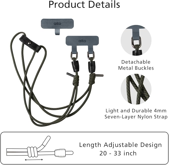 alto Crossbody Phone Lanyard: Detachable Patch, Nylon Strap with Italian Leather pad, for iPhone and Android Full Body Phone Cases (Plaid Green)
