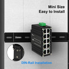 Mini Industrial 8-Port 10/100/1000T 802.3at PoE + 2-Port 10/100/1000T Din Rail Mount Compact Ethernet Switch, 48~57V DC Unmanaged Network Switch 20Gbps Switching Capacity
