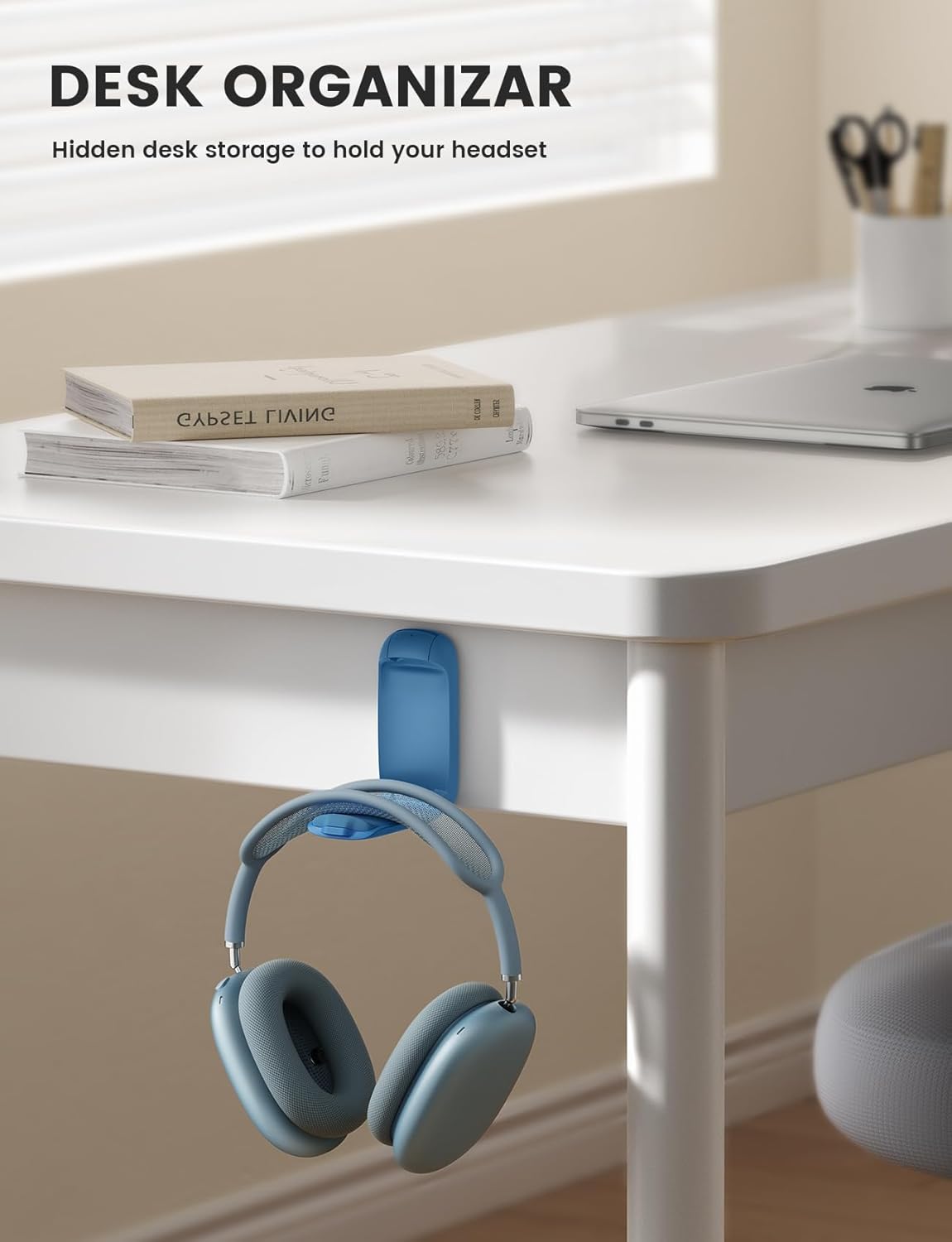 Lamicall Headphone Stand, Sticky Headset Holder - Foldable Headphone Holder Hook Mount, Adhesive Headset Hanger Clip Under Desk, Earphone Clamp for Airpods Max, HyperX, Sennheiser, Blue