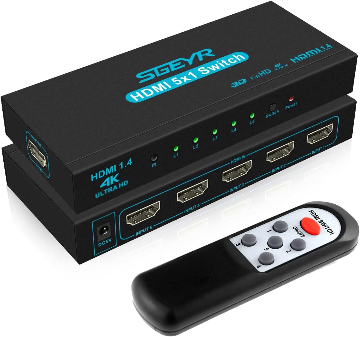 HDMI Switch SGEYR 5x1 HDMI Switcher 5 in 1 Out HDMI Selector 5 Port Box with IR Remote Control HDMI 1.4 HDCP 1.4 Support 4K@30Hz Ultra HD 3D 2160P 1080P