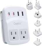 Ceptics World Travel Adapter Kit 2 USB-A, USB-C US Outlets, 20W/QC 18W Power Delivery, Surge Protection, SWADAPT Compatible for Europe, UK, China, Australia, Japan Perfect Laptop (WPS-5B)