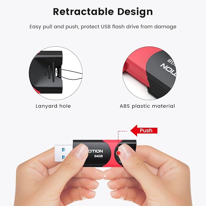 KOOTION Flash Drive 64 GB USB 3.0 Flash Drive Thumb Drive Retractable 64G Memory Stick Ultra High Speed USB Stick Rugged Jump Drive with LED Indicator for Data Storage and Transfer