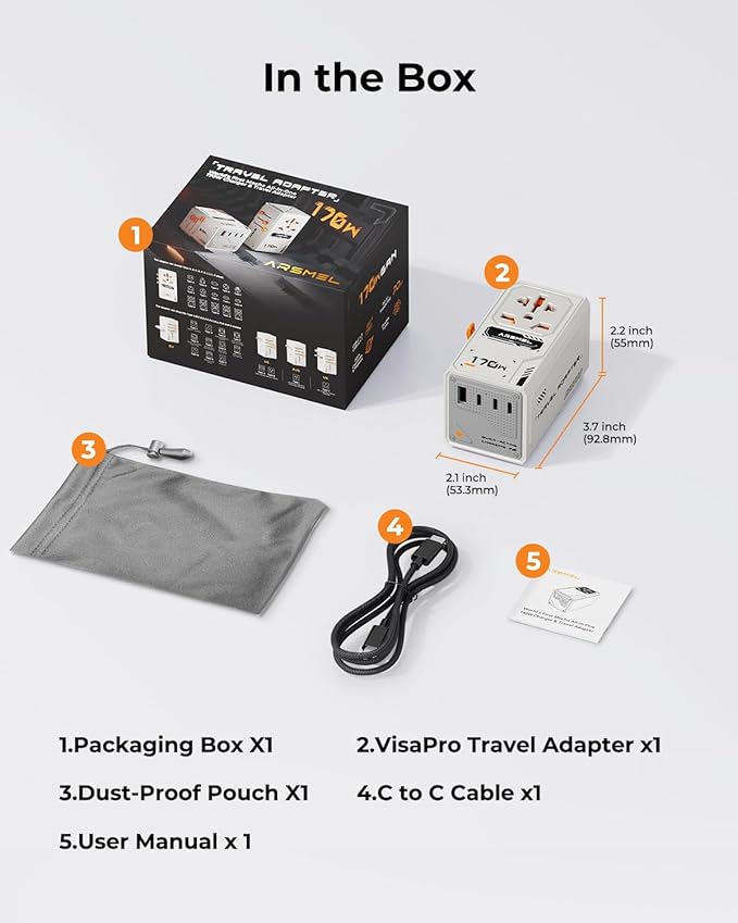 170W GaN Universal Travel Adapter, Worldwide All-in-One International Plug Power Adapter & Wall Charger with 3 USB-C & 1 USB-A (5A/28V) for Europe, USA, Japan, and Australia (Type C/A/G/I)