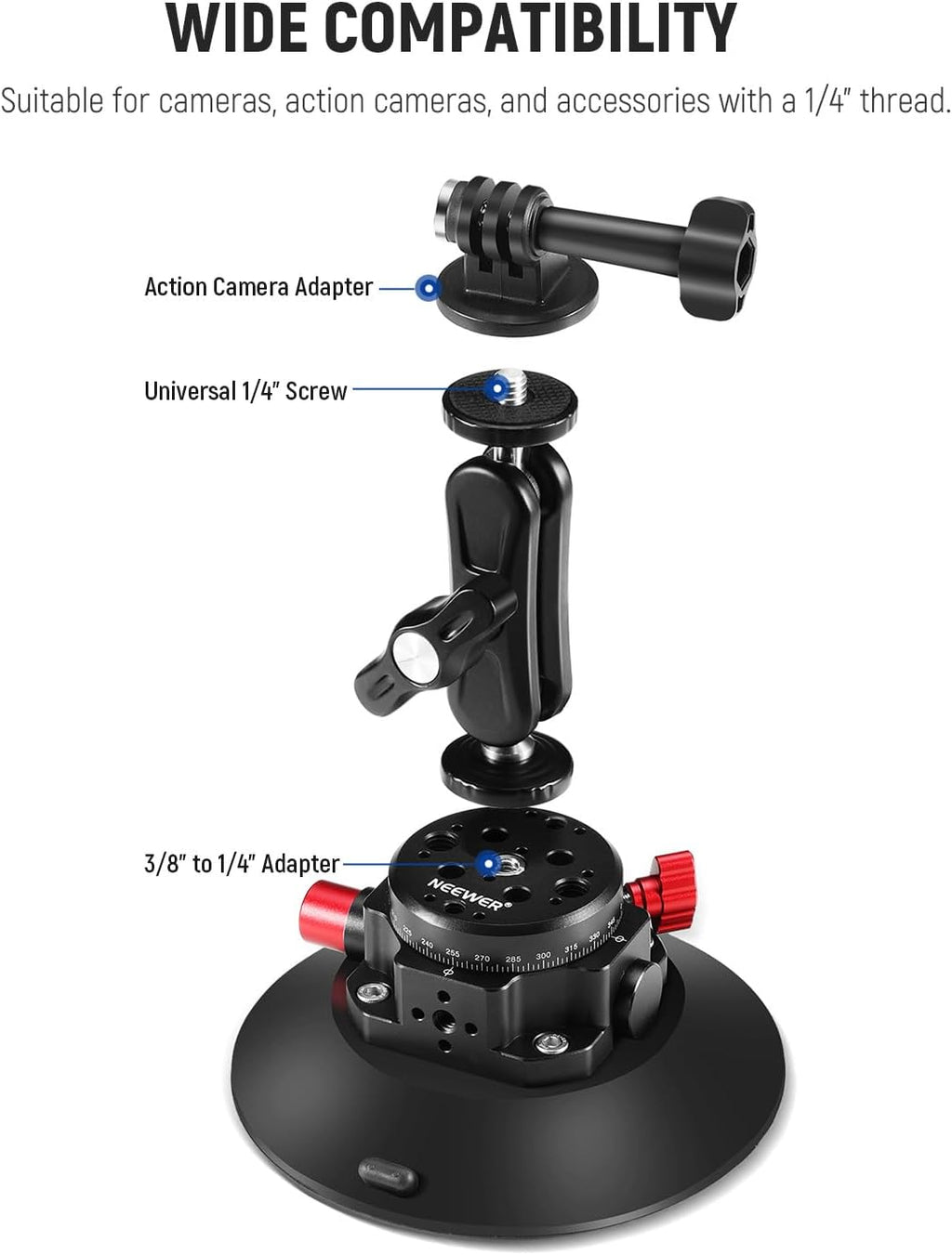NEEWER 6" Suction Cup Camera Mount Compatible with GoPro, Metal Car Windshield Dash Ball Head Magic Arm with Action Cam Adapter Cleaning Cloth for DSLR Phone Holder, for POV Video Recording, CA013