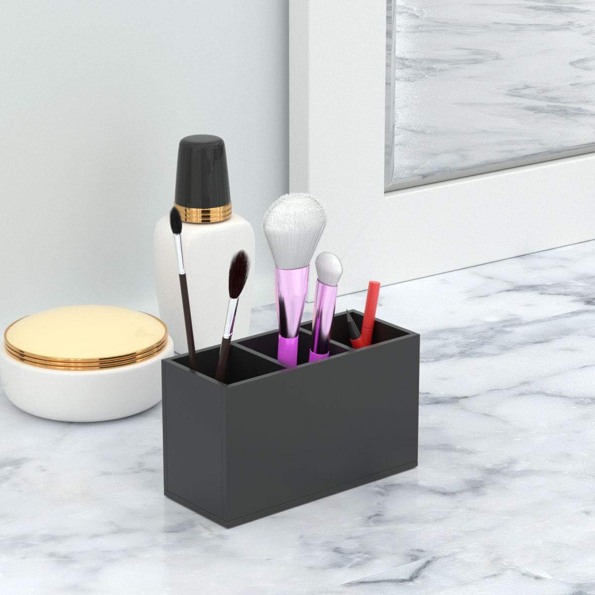 NIUBEE Acrylic Pen Holder 3 Compartments, Black Pencil Organizer Cup for Countertop Desk Accessory Storage