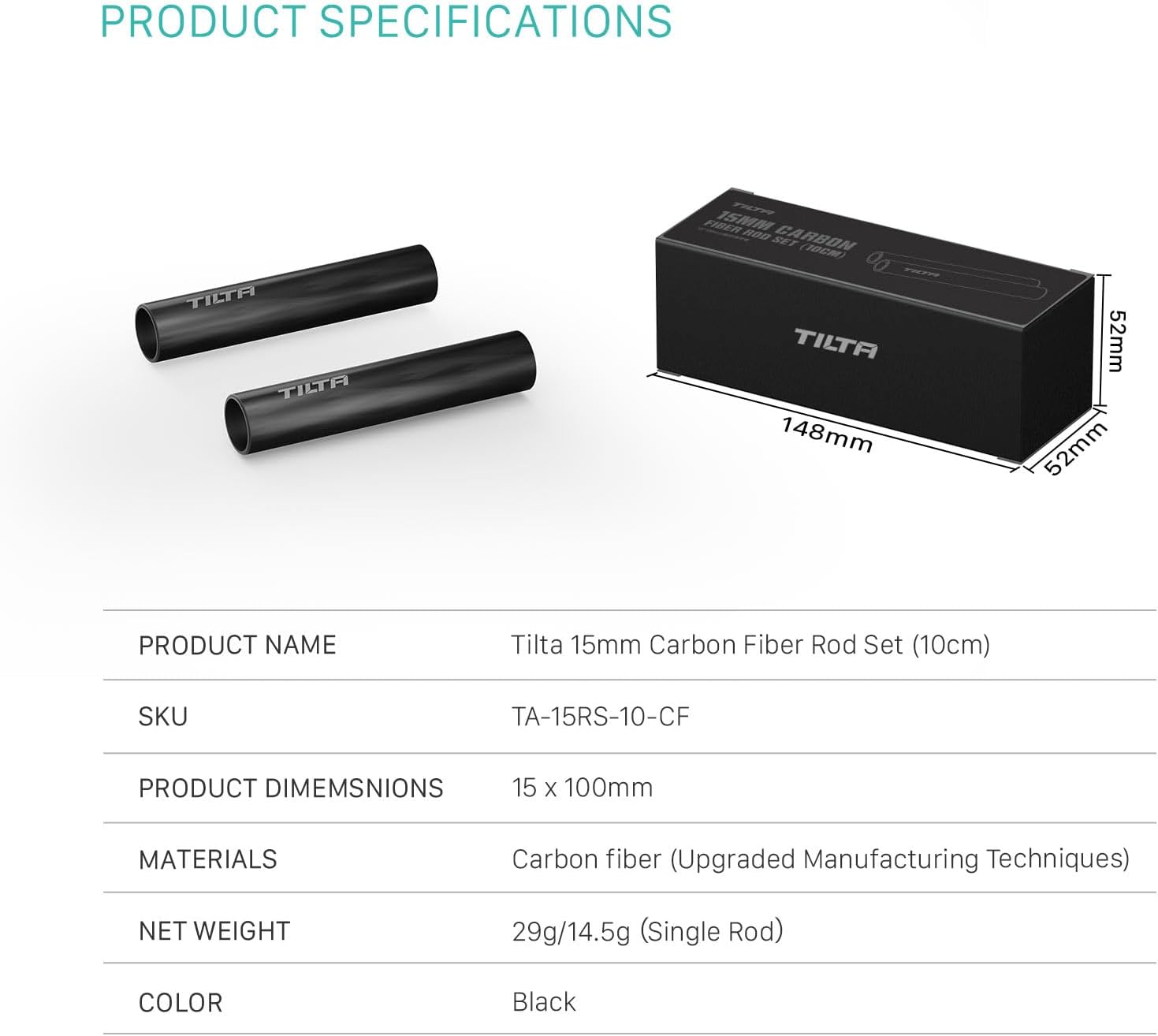 Tilta 2X Carbon Fiber Rods 15mm for Rail Support System | Increased Strength | Limited Reflection | Lightweight | DSLR Shoulder Rig, Camera Stabilizer Cage, Matte Box (10cm)